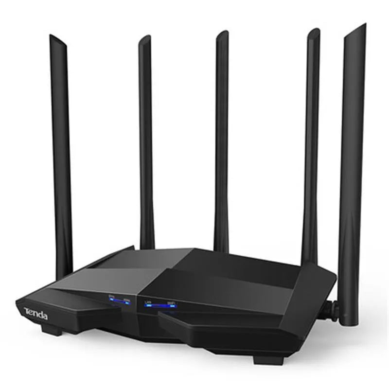 Black AC11 gigabit wireless router showing four ethernet ports with pure copper interfaces