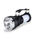Black solar charging LED flashlight with USB outlet for emergency and outdoor use