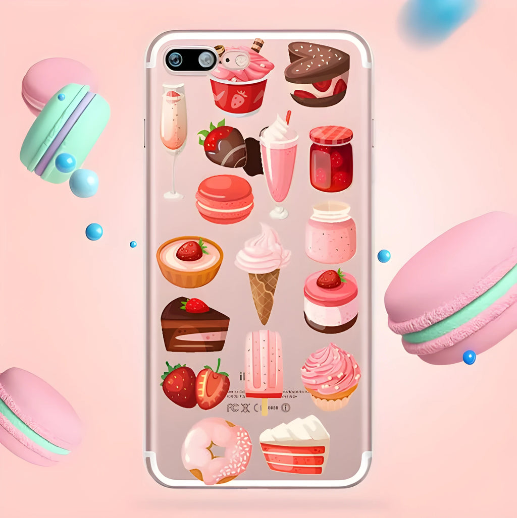 Transparent silicone iPhone case with a colourful ice cream cone design, shown on a phone.