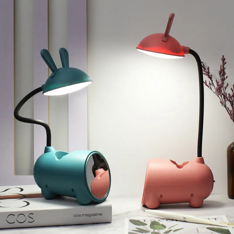 Cartoon USB desktop table lamp with integrated pen container in green colour
