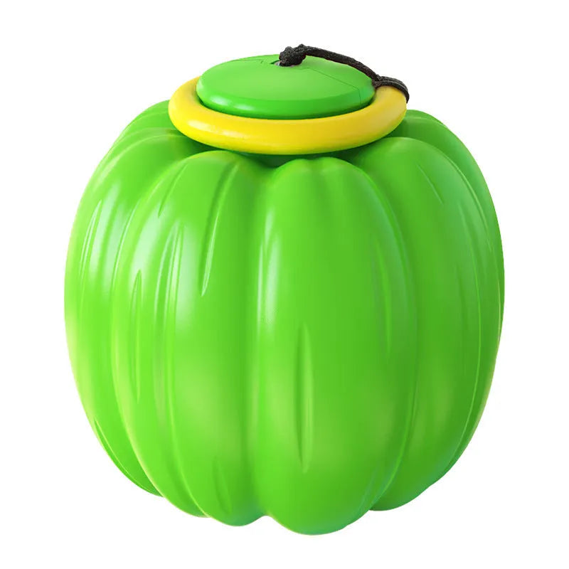 Green, orange, and yellow plastic squeaky pumpkin dog ball toy for small dogs, 68mm diameter.