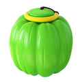 Green, orange, and yellow plastic squeaky pumpkin dog ball toy for small dogs, 68mm diameter.