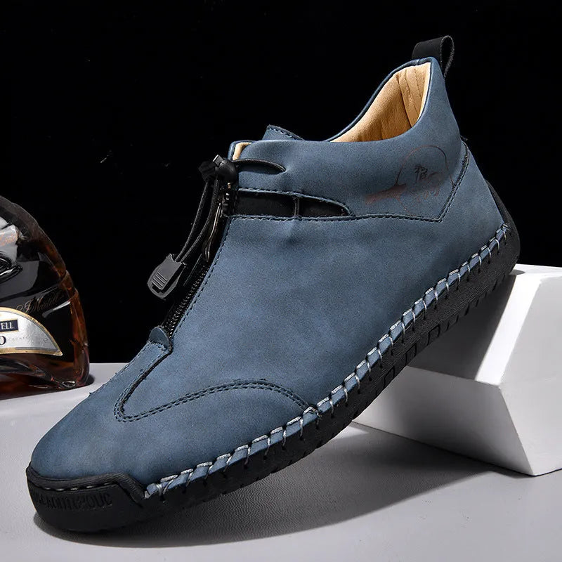 Men's casual leather shoes with mid heel for height increase in black, blue, green, or khaki colours