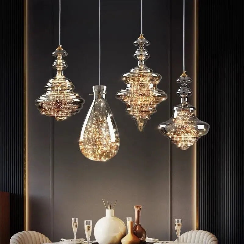 Modern glass droplight chandelier with adjustable suspension in minimalist design