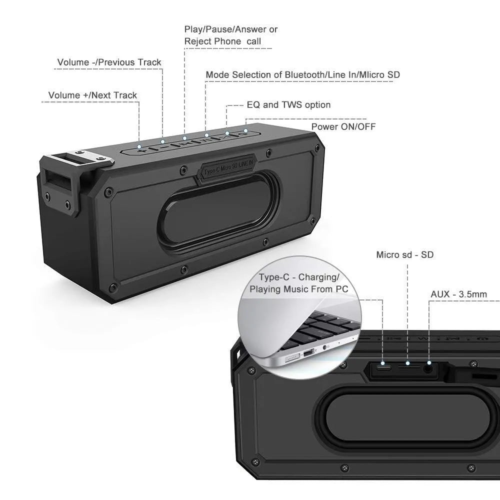 Black outdoor Bluetooth speaker with waterproof rating and carrying rope