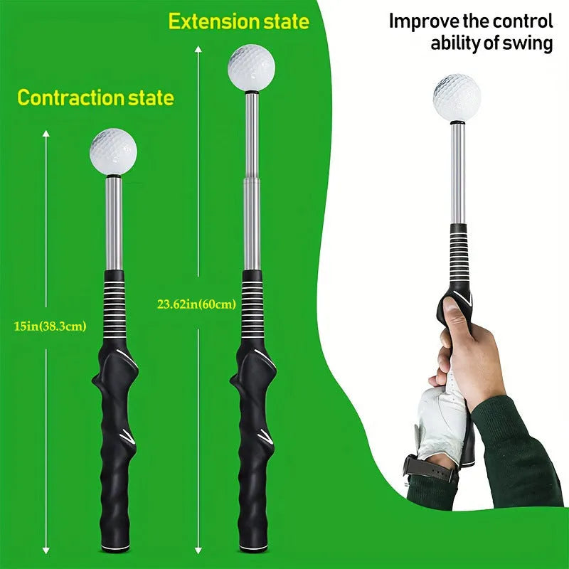 Telescopic stainless steel golf swing trainer in black, blue, or red colour