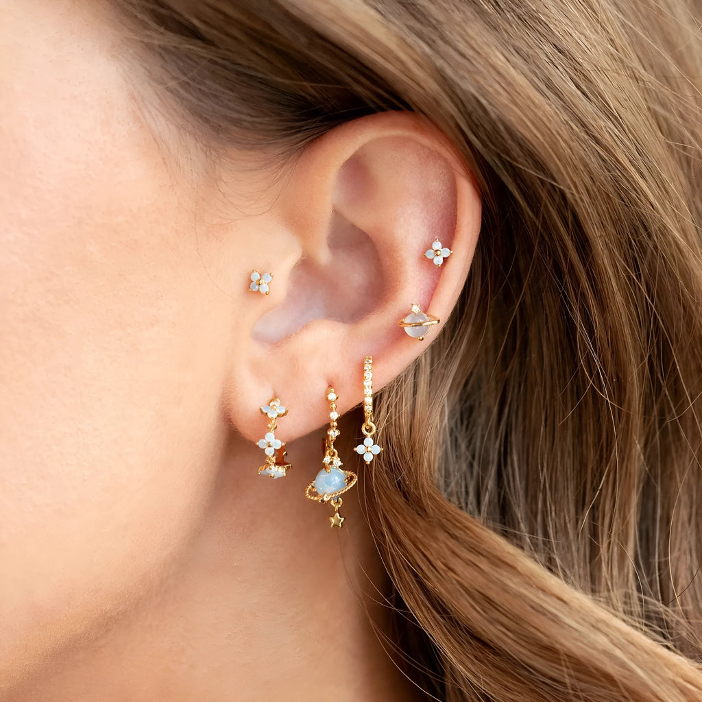 Japanese Korean style flower earrings with blue protein nail design and zircon mosaic on gold/silver metal