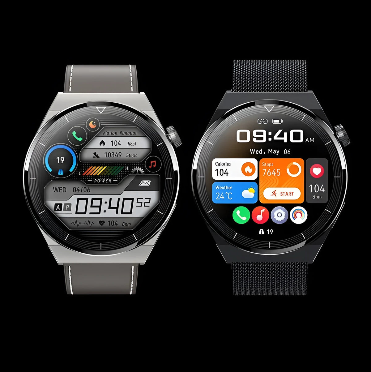 Round Android smart watch with NFC, black silicone strap, on a wrist showing the 1.36-inch display.