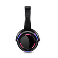 Black over-ear silent disco wireless headphones with a 3.5mm cable, shown on a head model.