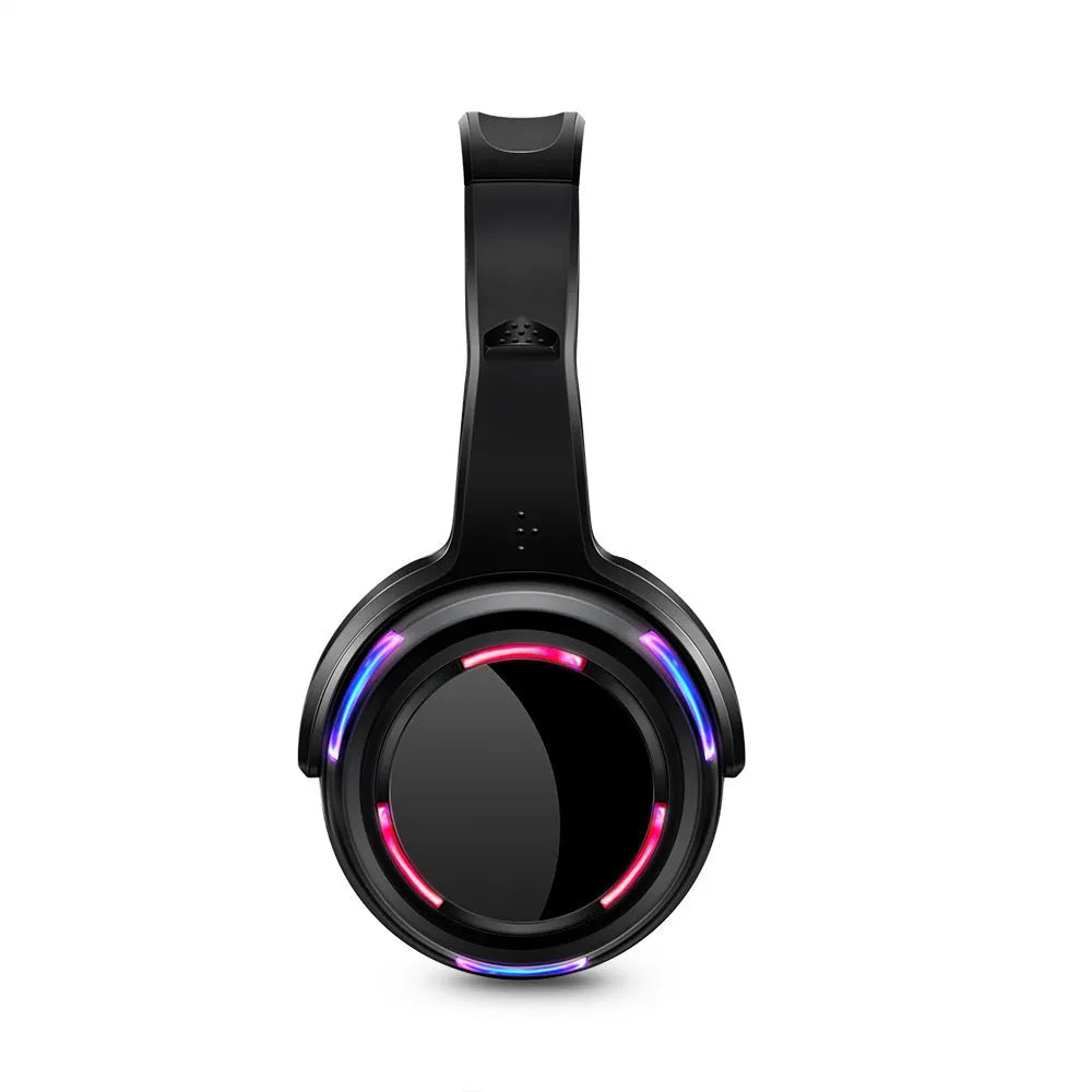Black over-ear silent disco wireless headphones with a 3.5mm cable, shown on a head model.