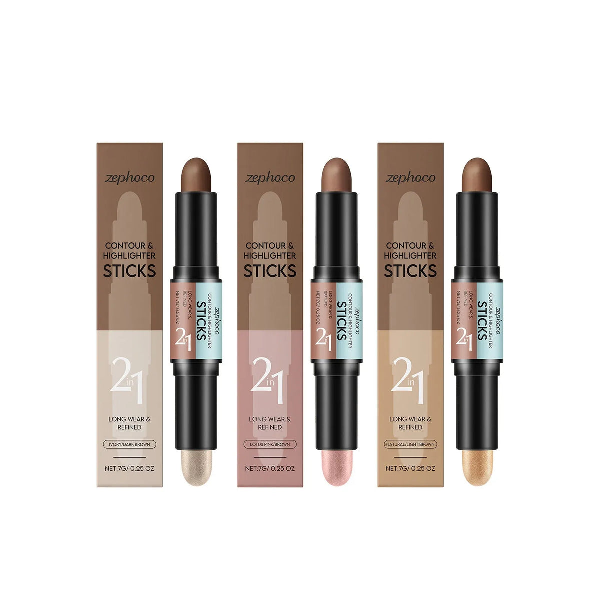 2-in-1 outline highlighter stick for brows and highlighting in three natural shades