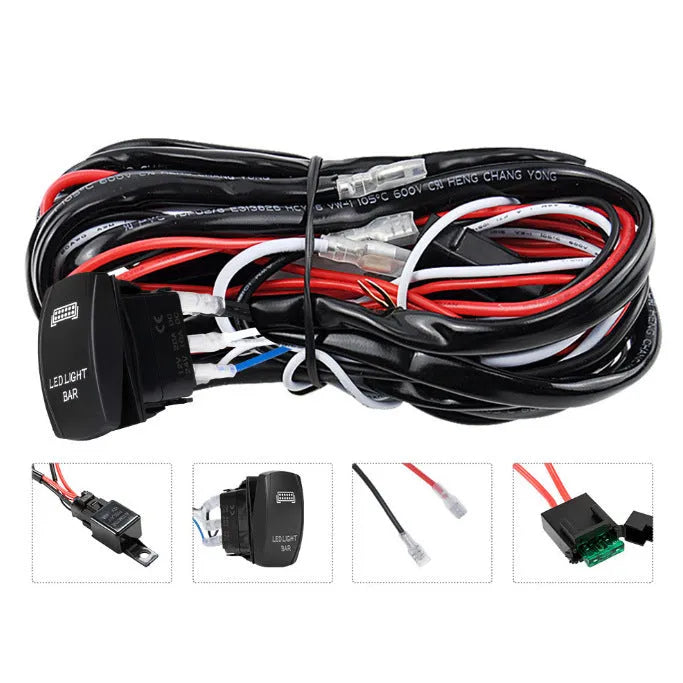 Black off road LED spotlight wiring harness with switch for light bar installation