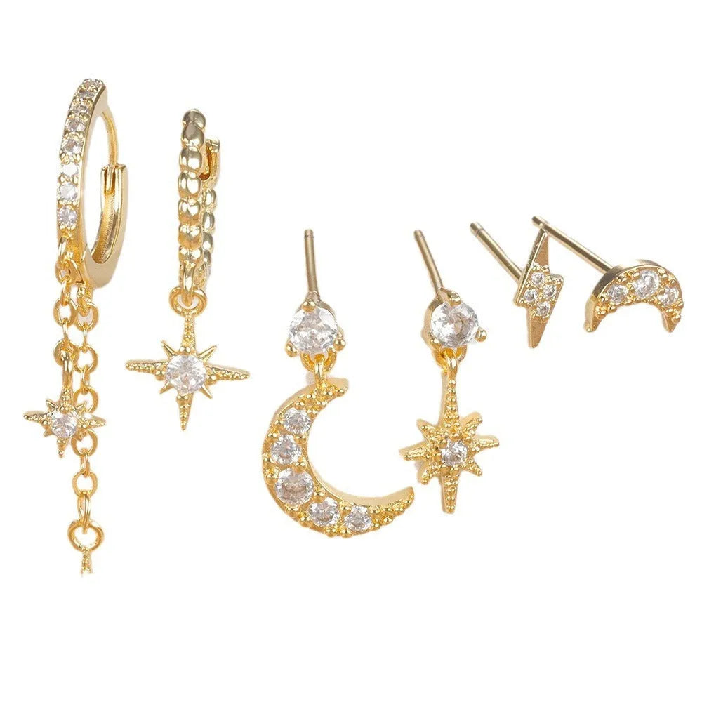 XINGX six-piece gold chain tassel earring set with zircon studs on copper
