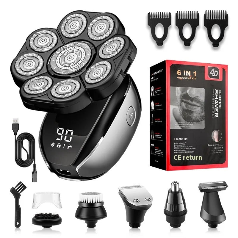 Black rechargeable 6-in-1 haircut suit with hair clipper, shaver, trimmer, and brush attachments
