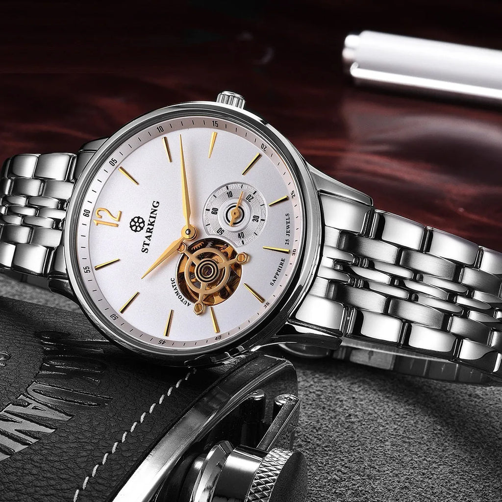 Men's automatic mechanical watch with hollow skeleton dial showing movement through sapphire glass