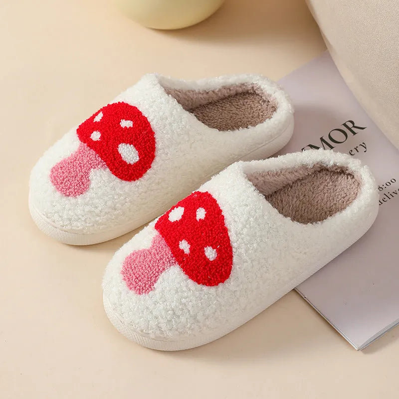 Women's plush cartoon love style home slippers with a round toe and PVC sole.