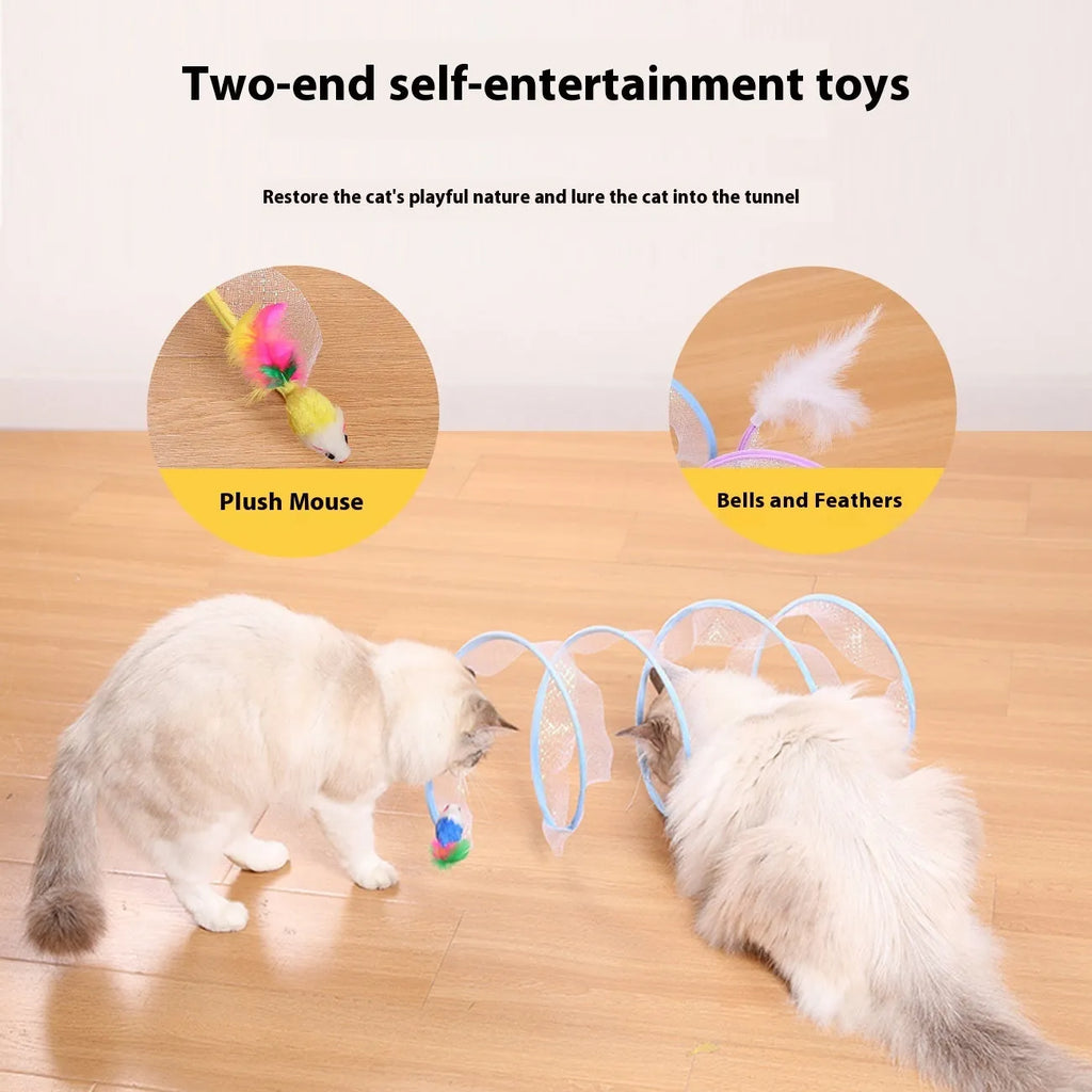 S-type cat tunnel toy with steel wire frame, elastic net, and feather attachments