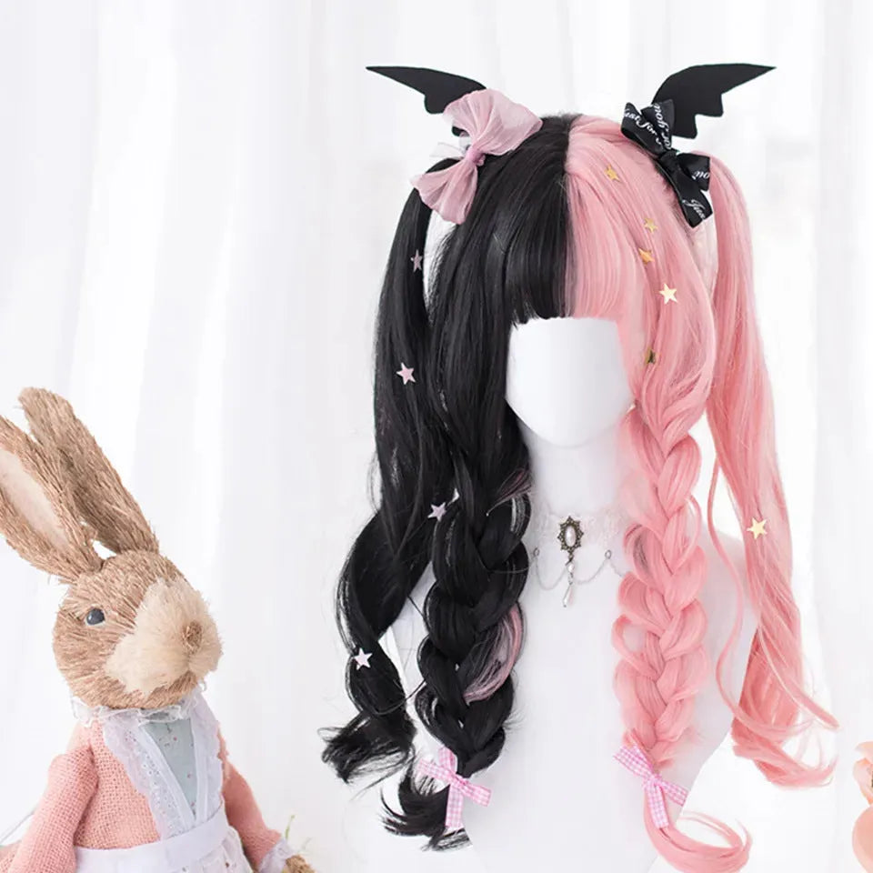 Harajuku Lolita Lo Niang long curly wig with bangs in Black Pink, high-temperature fiber cos wig for ladies
