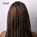 Gold rhinestone mesh headband with tassel detail and electroplated metallic finish