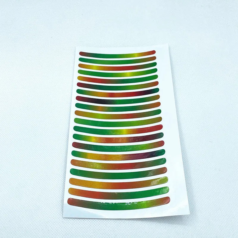 20-piece pack of arc-shaped PVC reflective stickers for car wheel hubs in multiple colour options.