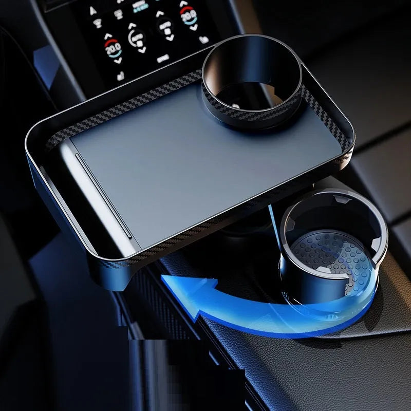 Black ABS plastic car cup holder with integrated rotating dinner tray, shown in a vehicle.