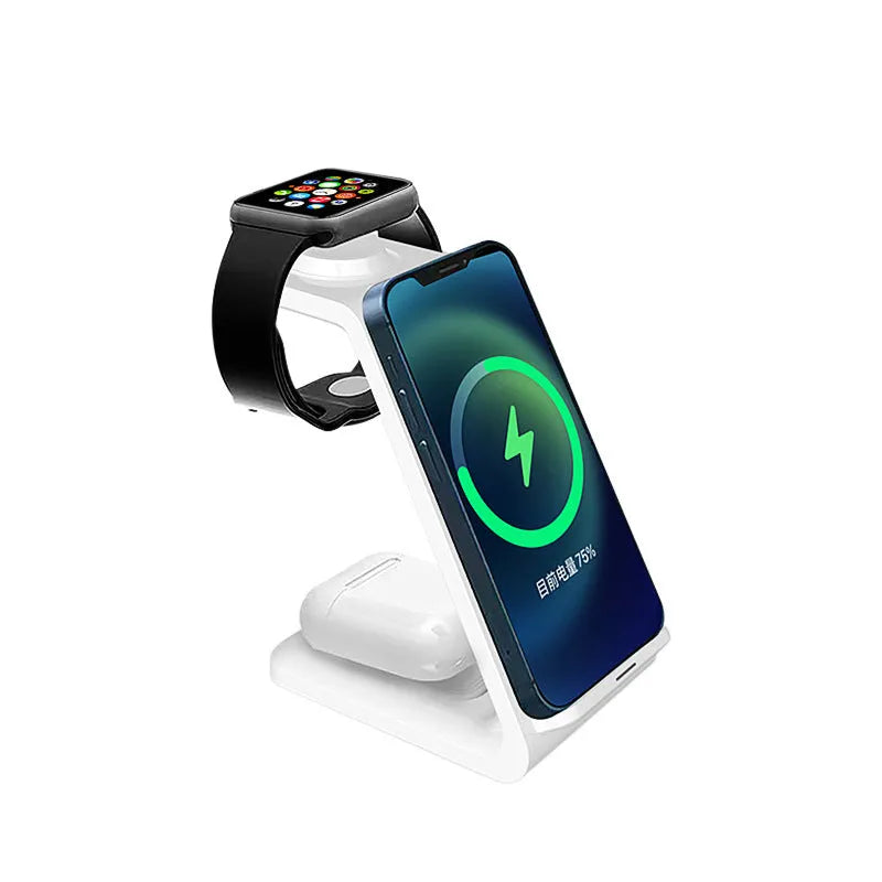 White 3-in-1 upright wireless phone charger with dual coil Qi technology and Type-C cable