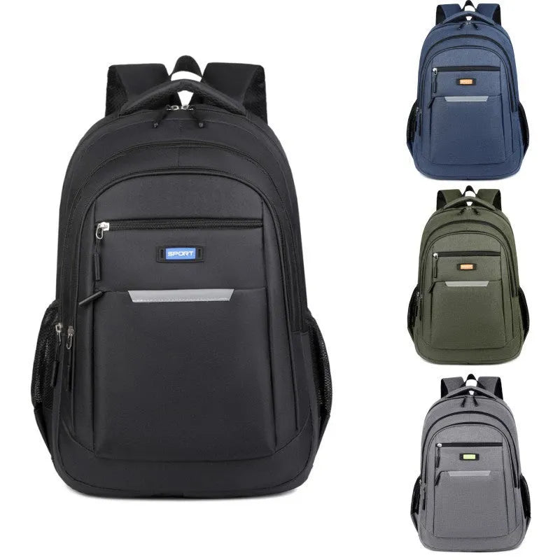 Men's casual Oxford cloth backpack in grey, black, green, or blue colours with breathable construction