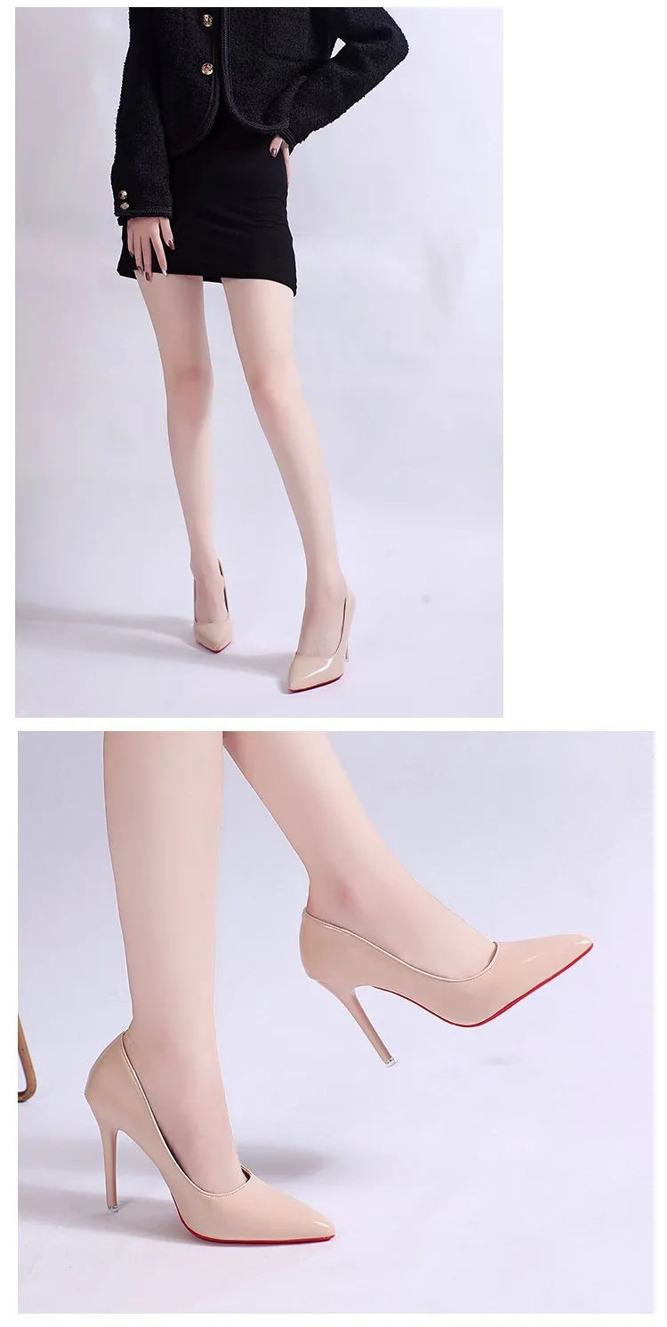 Women's solid colour stiletto heel pumps with a pointed toe and shallow mouth design on a white background.