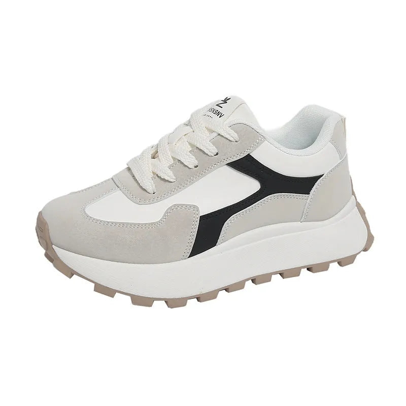 Women's low-top platform casual shoes in card black, khaki red, or white grey with lace-up front and rubber sole.