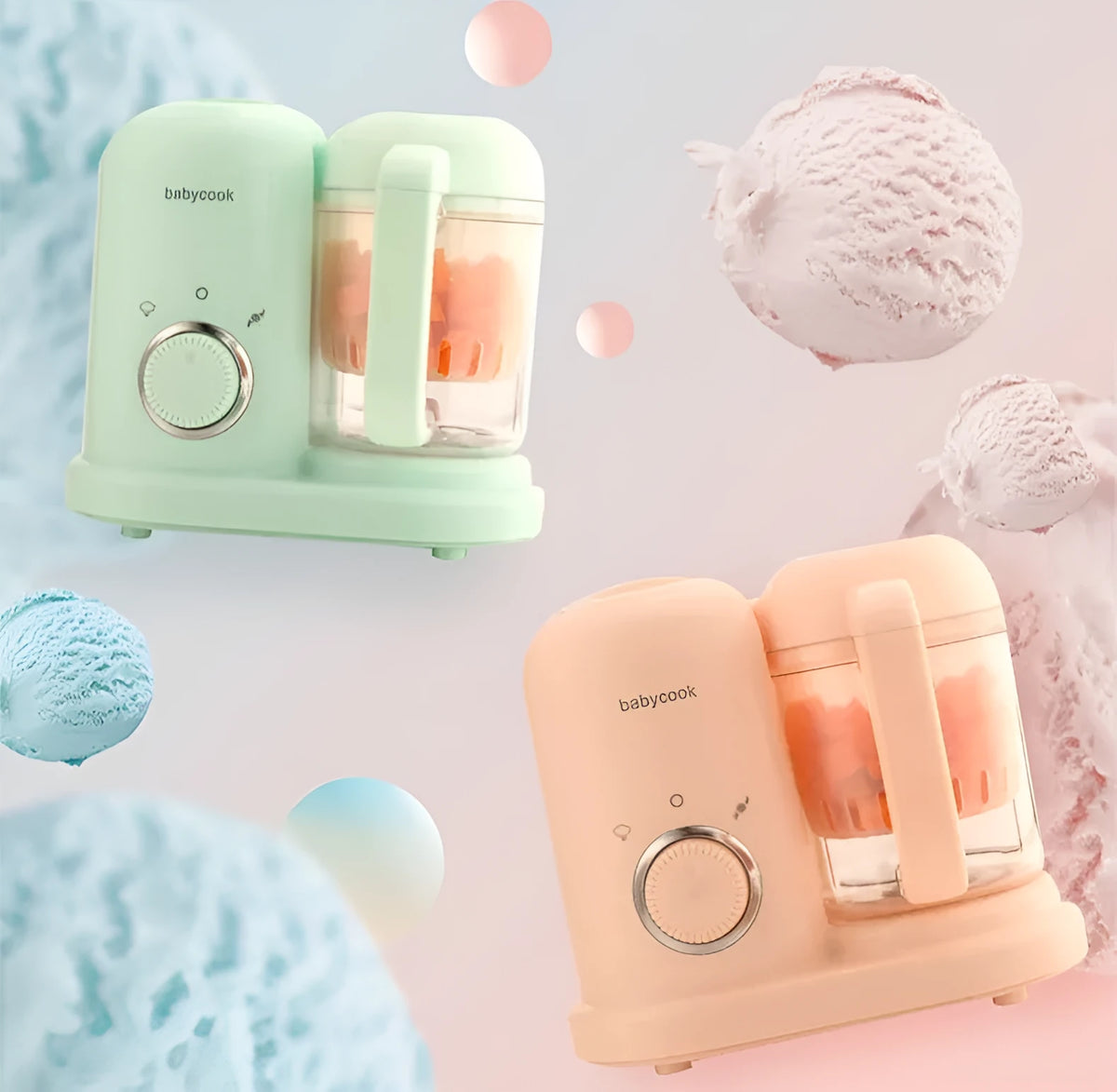 Green baby food processor with steamer and blender functions showing control panel and processing bowl