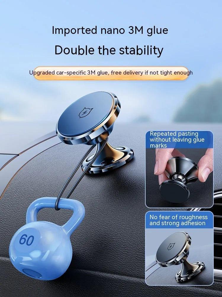 Shiny black magnetic car phone holder with alloy construction and suction cup base for dashboard mounting.