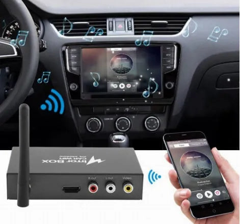 Black car mirror link box Wi-Fi converter with power cable, AV cable, and antenna for smartphone screen mirroring.