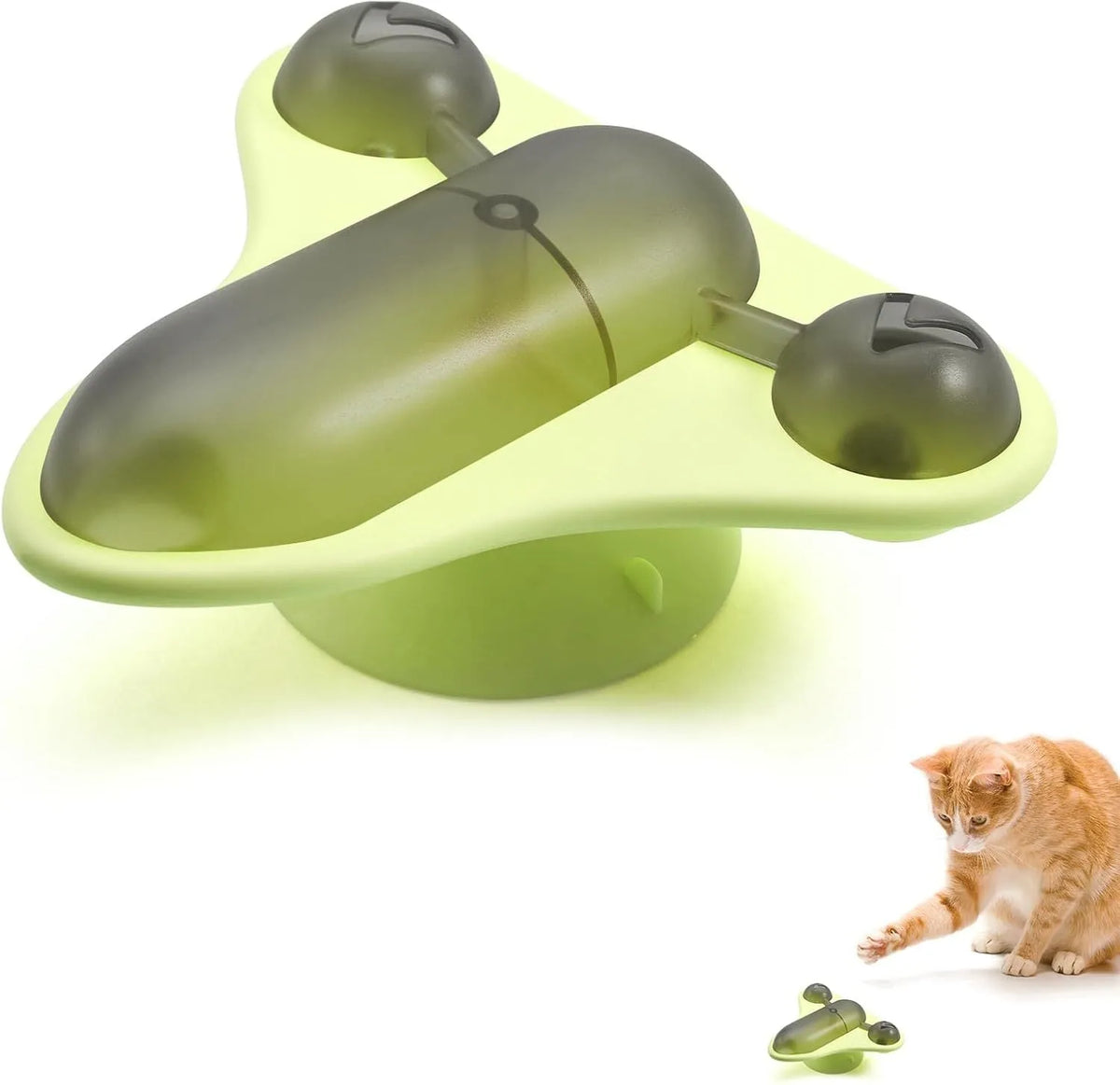 Blue interactive pet puzzle feeder toy with snack cabin, bell, and suction cup base on a floor.