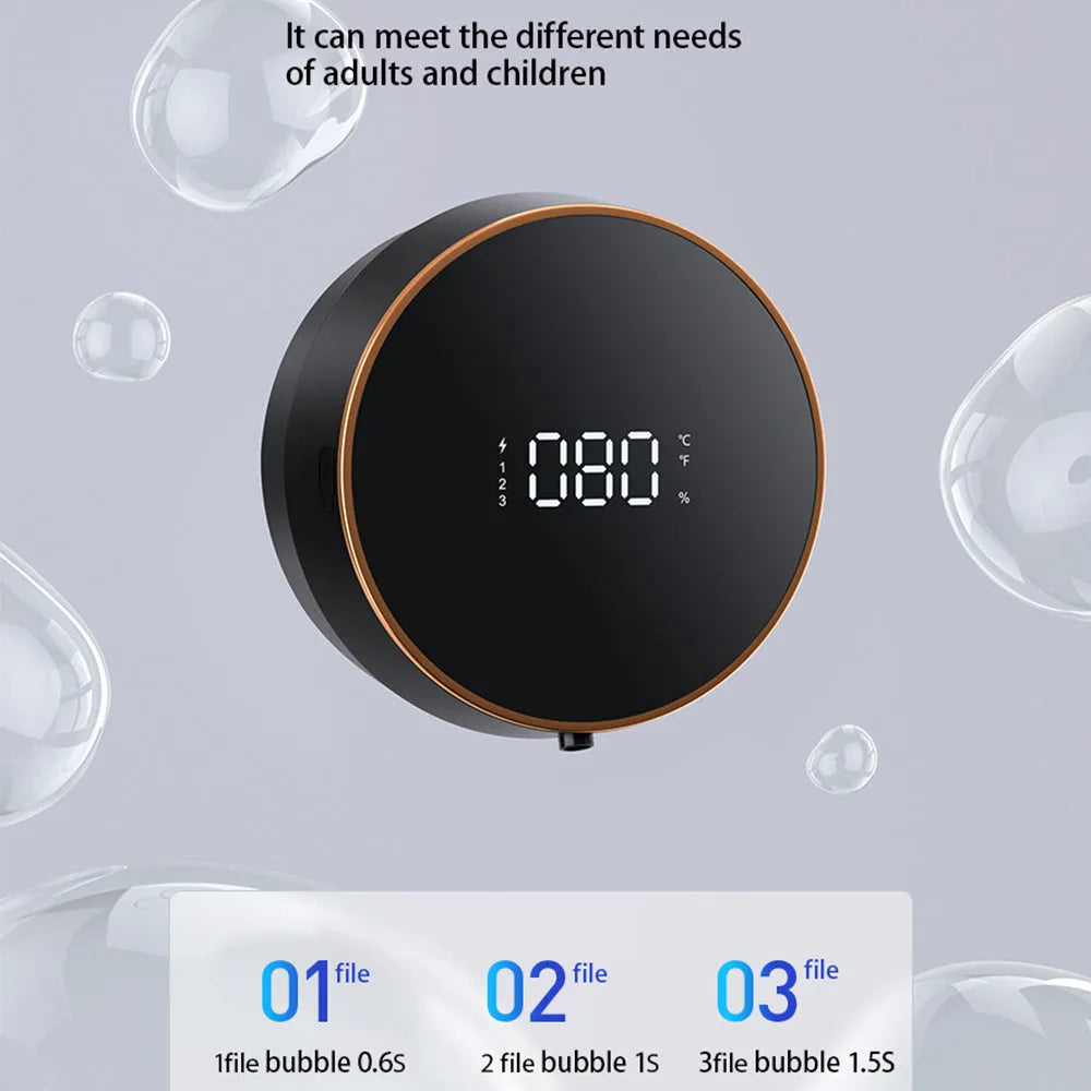 Black automatic foam soap dispenser with infrared sensor and USB charging port mounted on bathroom wall