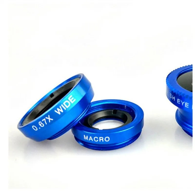 3-in-1 smartphone lens kit with fisheye, wide angle and macro lenses in aluminium alloy casing