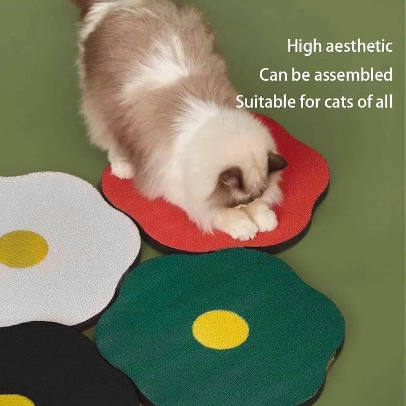 Wall mounted grey corrugated cat scratching board with adhesive mounting on smooth surface