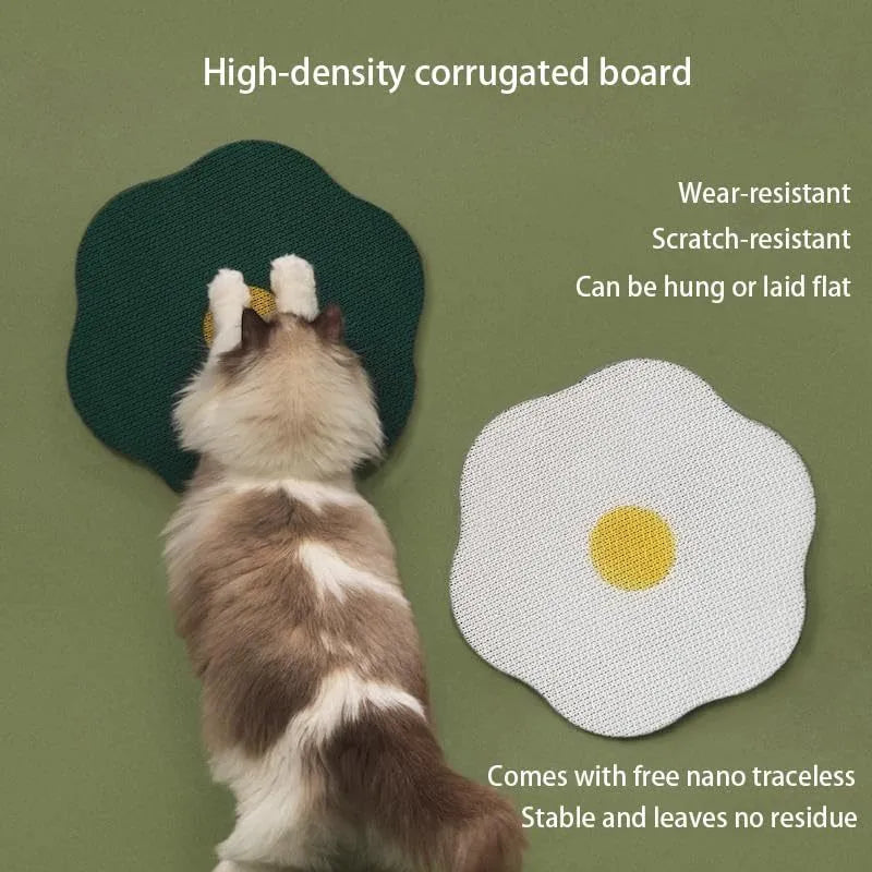 Wall mounted grey corrugated cat scratching board with adhesive mounting on smooth surface