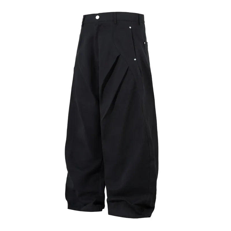 Men's black pleated casual trousers with loose-fitting wide-leg design