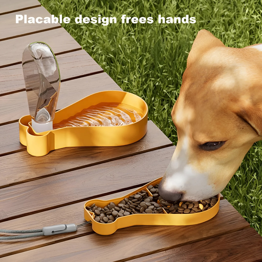 Orange and white portable pet water feeder with water bottle and treat container compartments