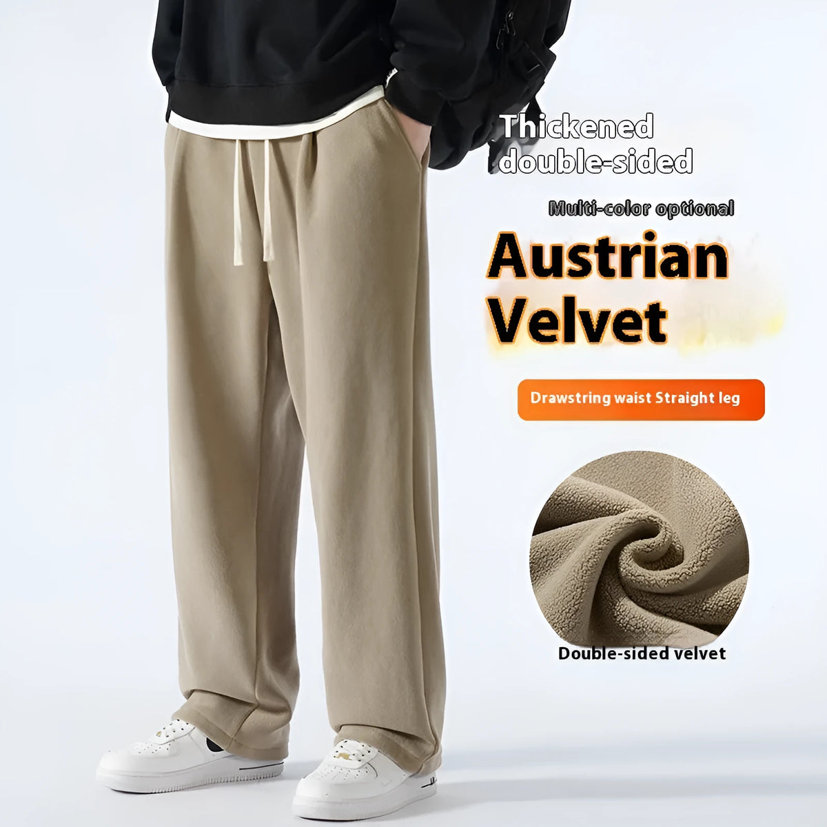 Men's double-sided polar fleece winter trousers in apricot colour with Korean-style loose fit