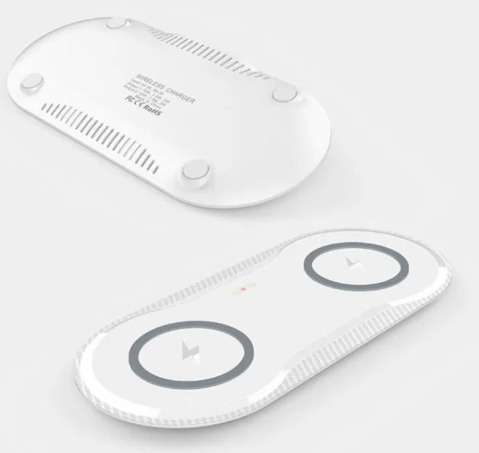 Dual wireless charging pad showing two phones charging simultaneously with black or white colour options