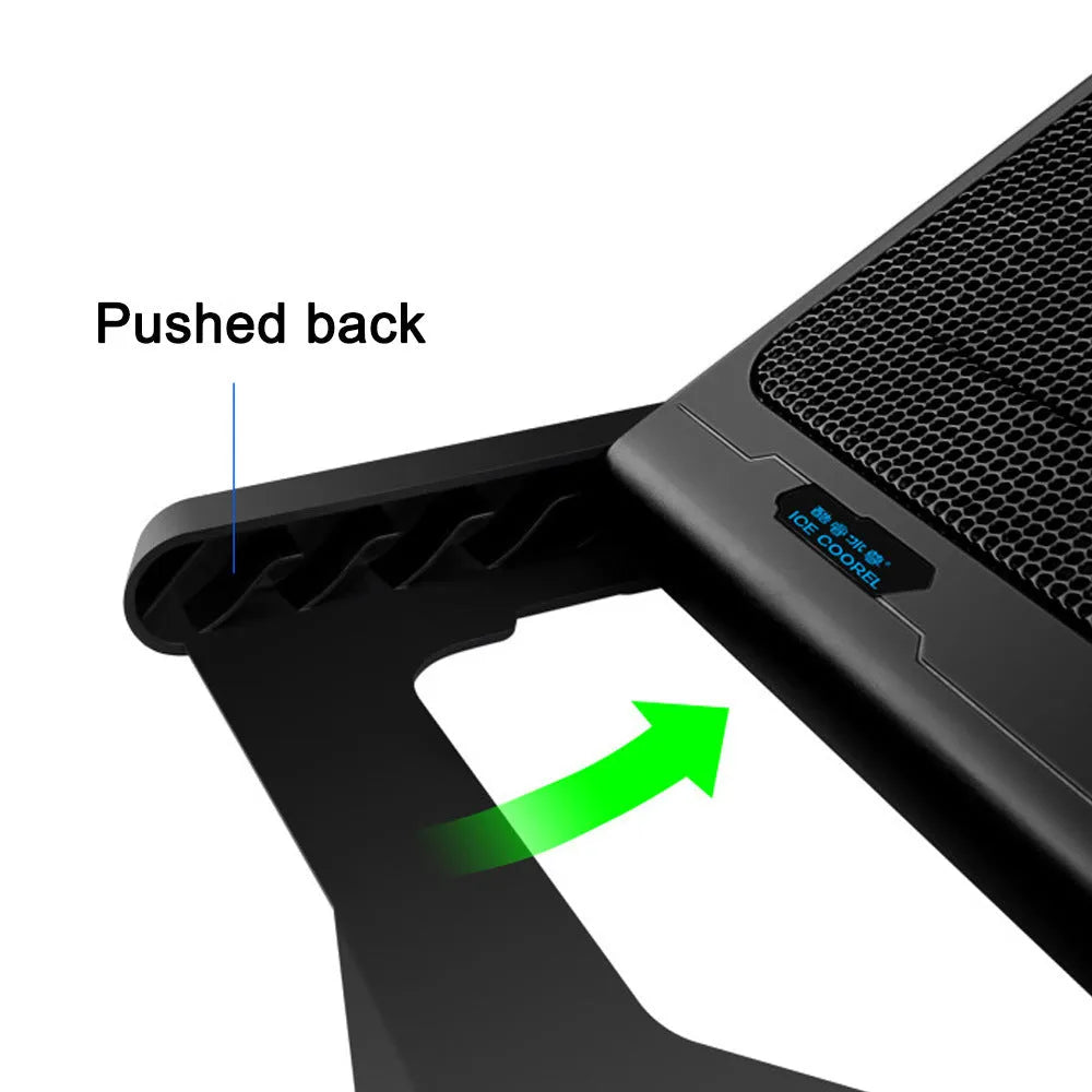 Metal mesh laptop cooling board with LCD display showing six-speed control settings