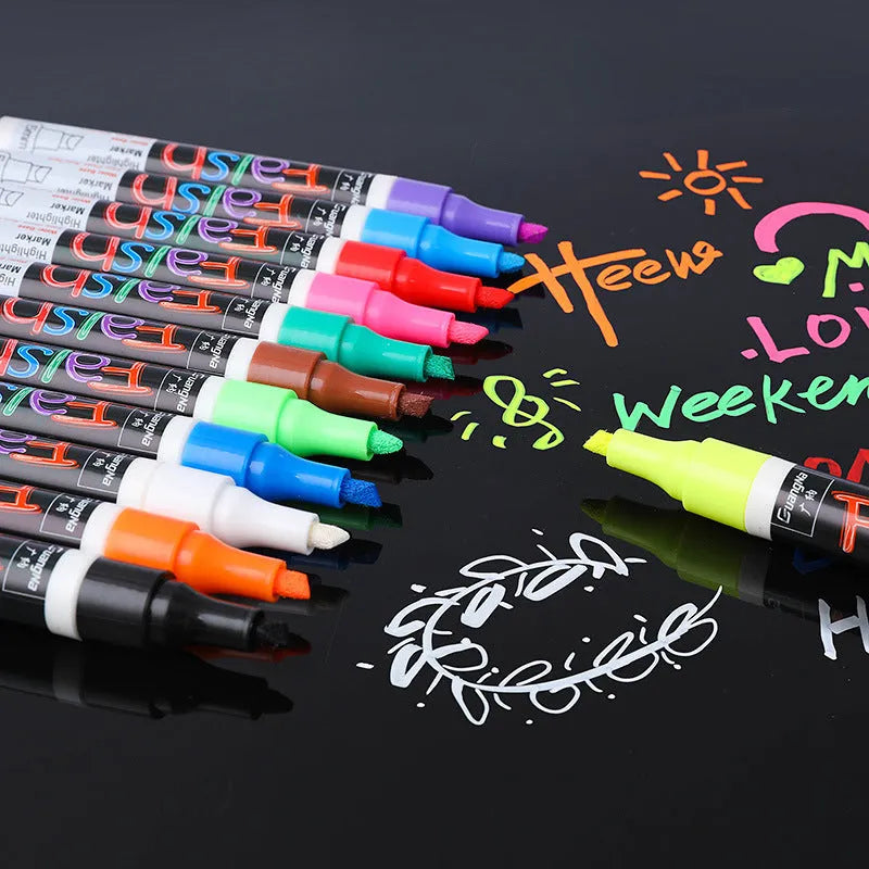 Electronic fluorescent plate highlighter pen with oblique 6mm tip, shown in an 8-colour set on a card.