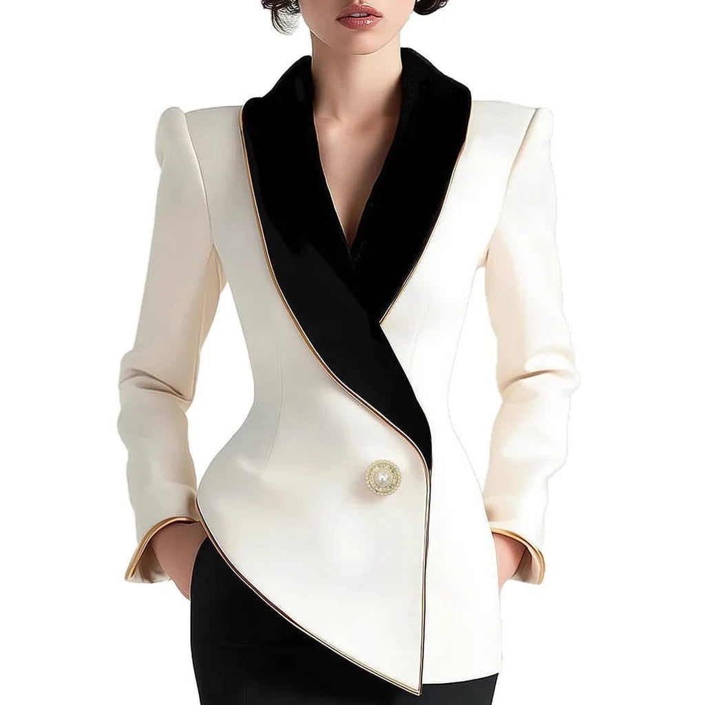 Women's beige long sleeve coat with irregular hemline and golden pearl buttons on a hanger.