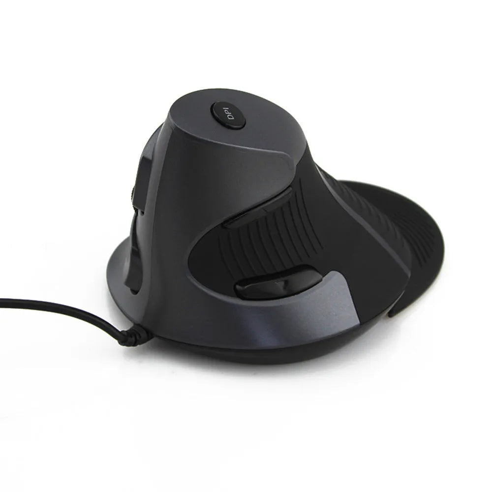 Black wired vertical ergonomic optical mouse for desktop computers on a desk