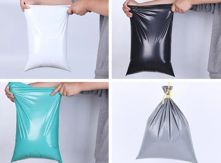 Clear plastic courier bag for clothing with self-adhesive sticker seal, shown in multiple sizes.
