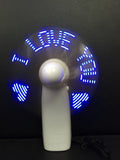 White handheld mini fan with flashing blue and red LED 'I Love You' pattern display