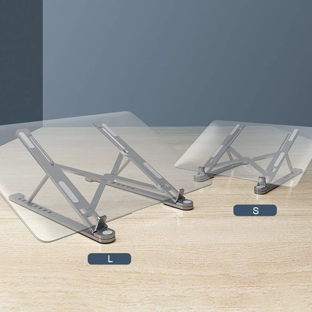 Silver aluminium laptop stand in folded and unfolded positions next to a 15-inch laptop.
