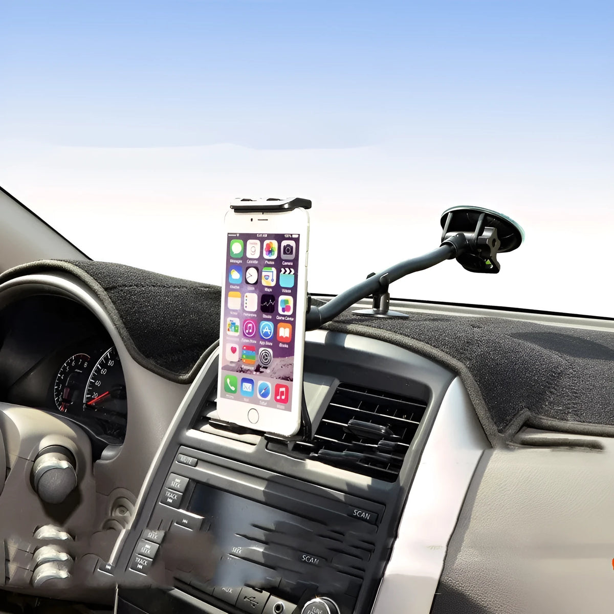 Black universal 4-12-inch vehicle-mounted tablet holder with long-rod suction cup and adjustable bracket