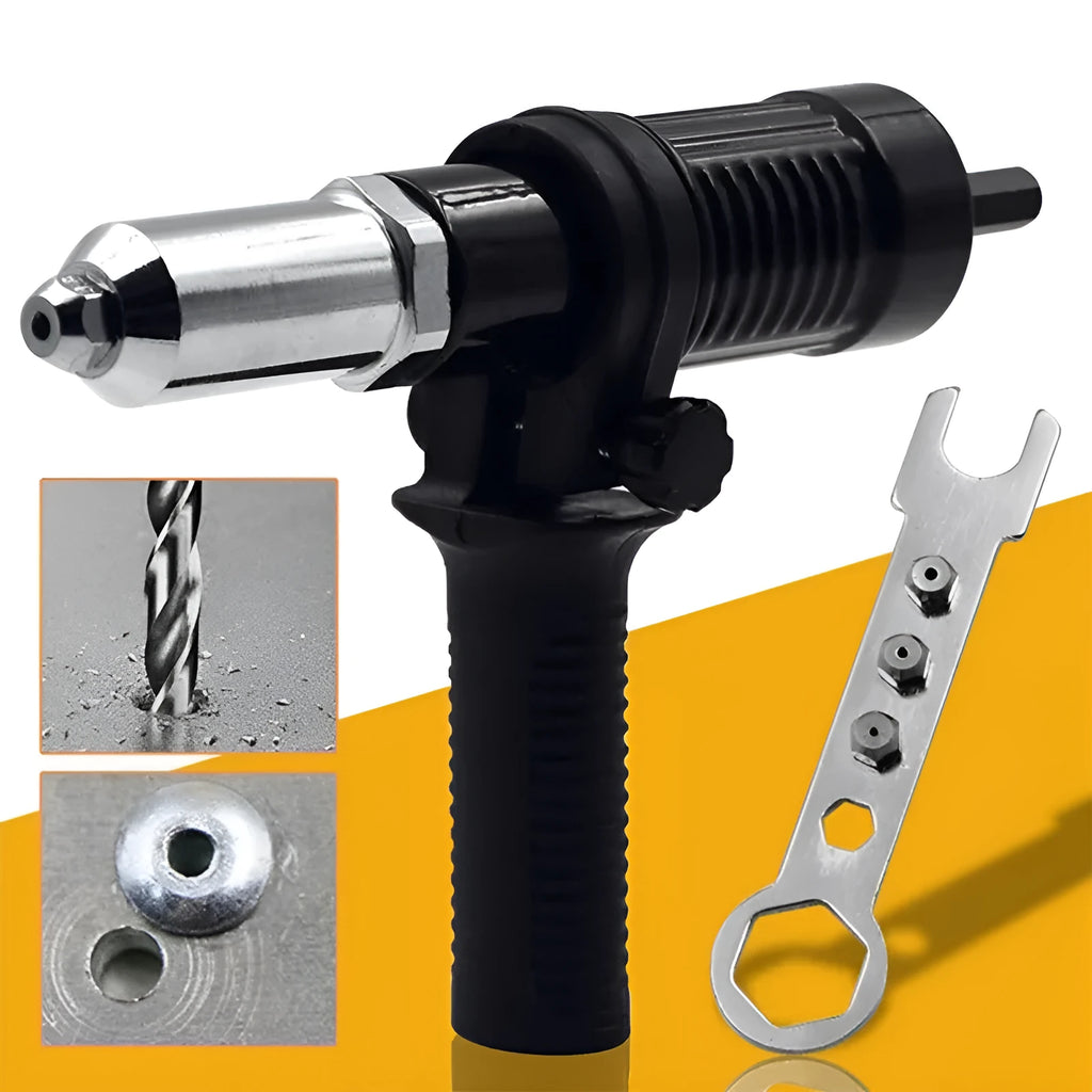 Black metal electric drill rivet gun attachment with handle and wrench, length 173mm.